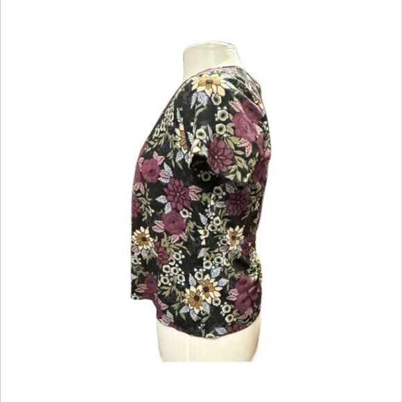 Sag Harbor MSRP $85 Black Floral Blouse Short Sleeve Top Purple Yellow Small - Picture 3 of 9